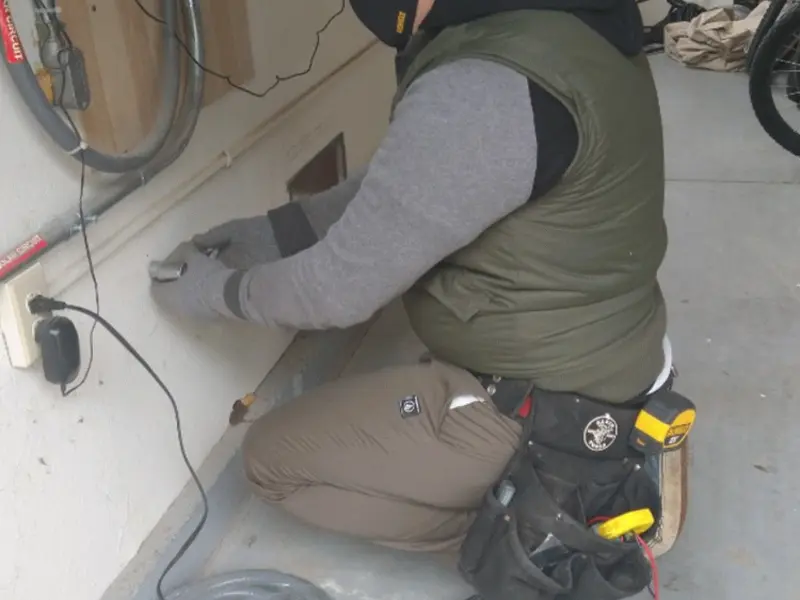 Electrician performing outlet wiring in a Escatawpa garage